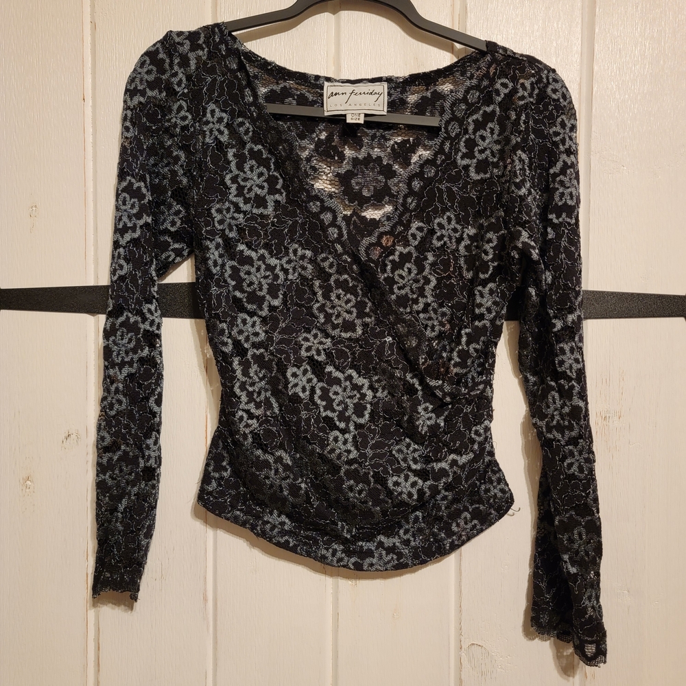 Ann Ferriday Los Angeles Sheer Lace Wrap Top Black Floral Y2K Goth Blouse O/S